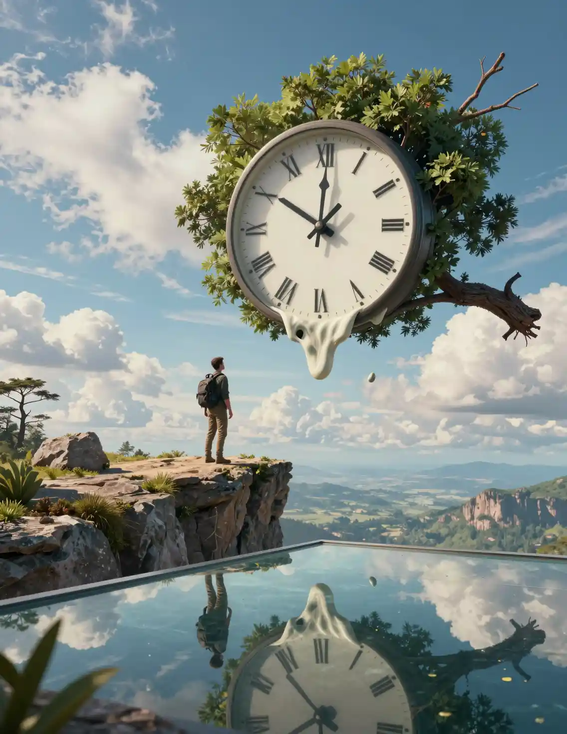 Lone traveler on cliff above surreal glass landscape