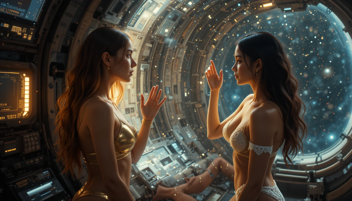 宇宙船の窓に隔てられた2人の女性のクローズアップ