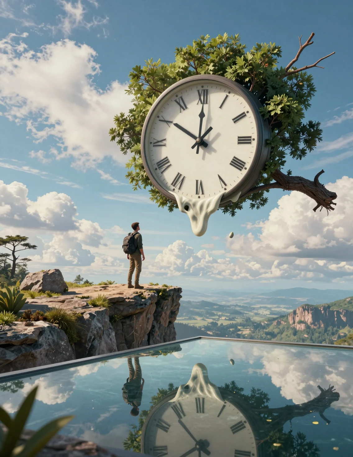 Lone traveler on cliff above surreal glass landscape