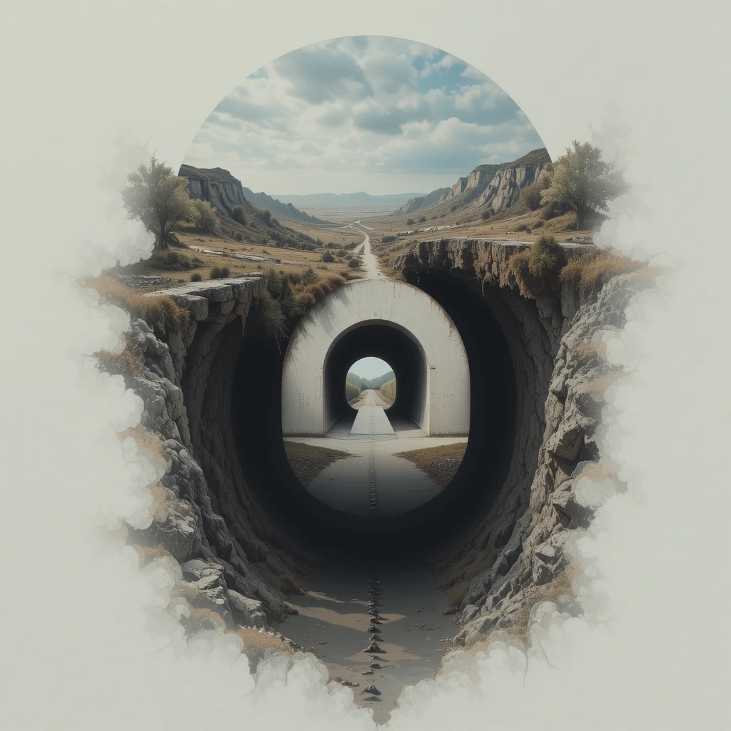 Surreales Gesicht, das in Landschaft und Tunnelillusion übergeht