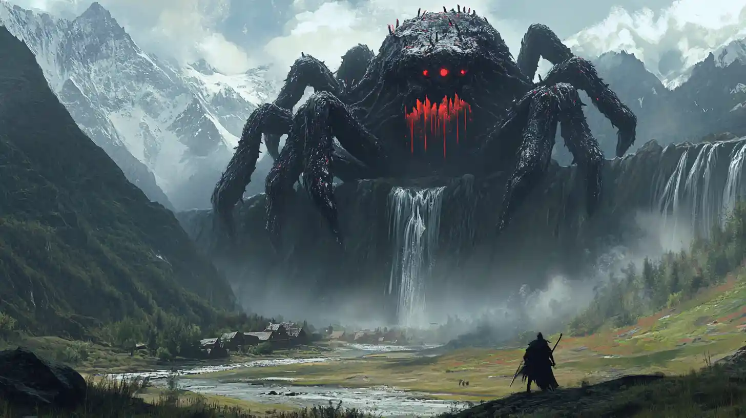 Deus-aranha colossal em trono na montanha acima da vila