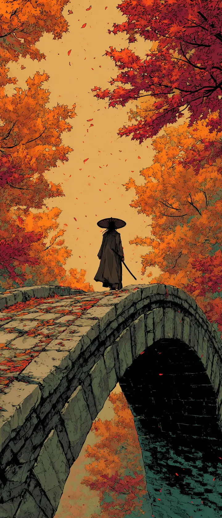 秋日時分，古老石橋上的疲憊旅人
