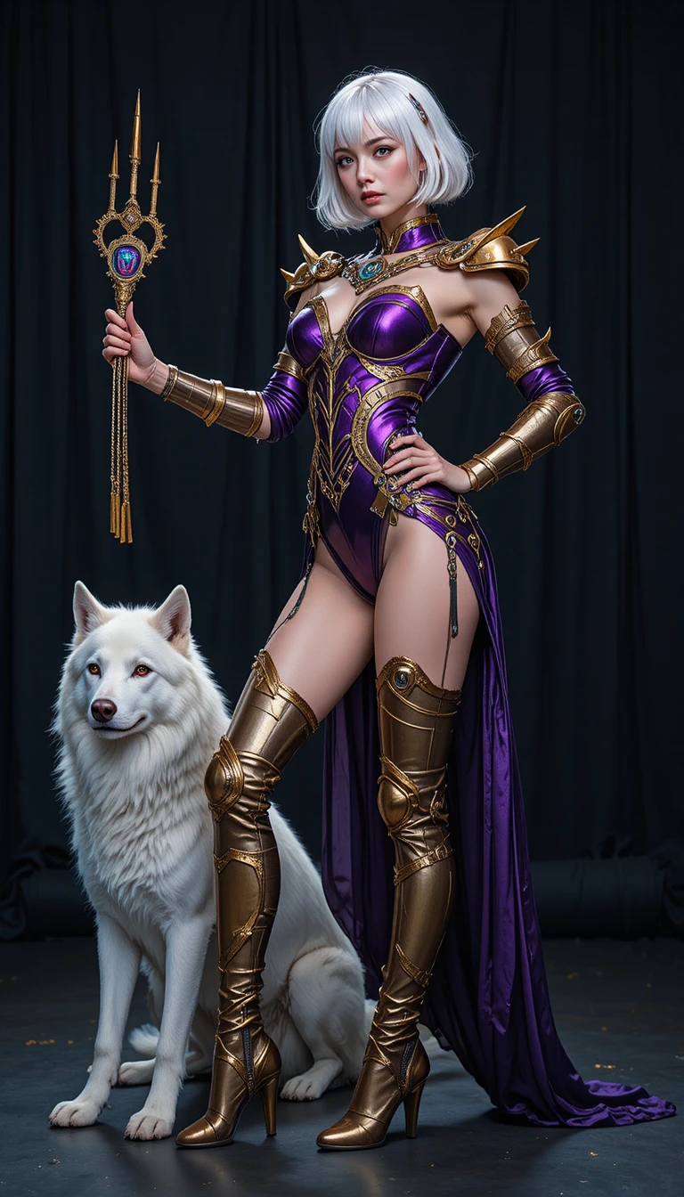 Cosplayer em armadura fantástica metálica com lobo branco como companheiro