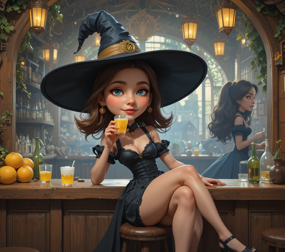 黒いランジェリーを身に着けたグラマラスなブルネット魔女がバーでくつろぐ