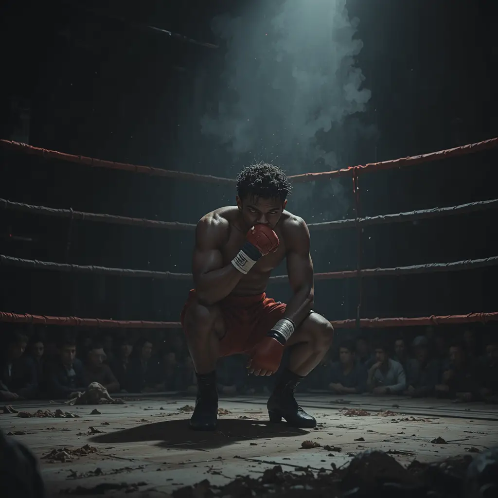 Lonely Boxer Resting Between Rounds In Red Light