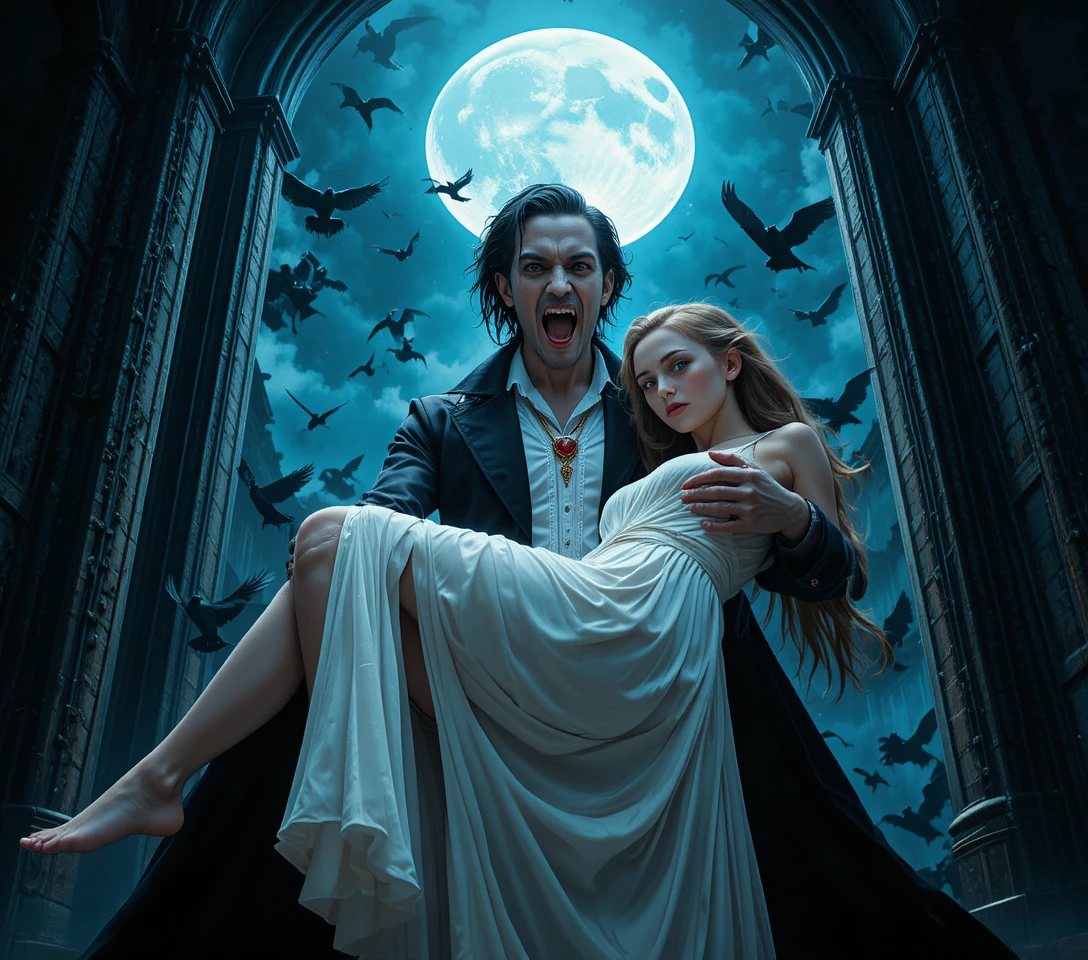 Vampiro aristocrático pálido pairando sobre mulher inconsciente