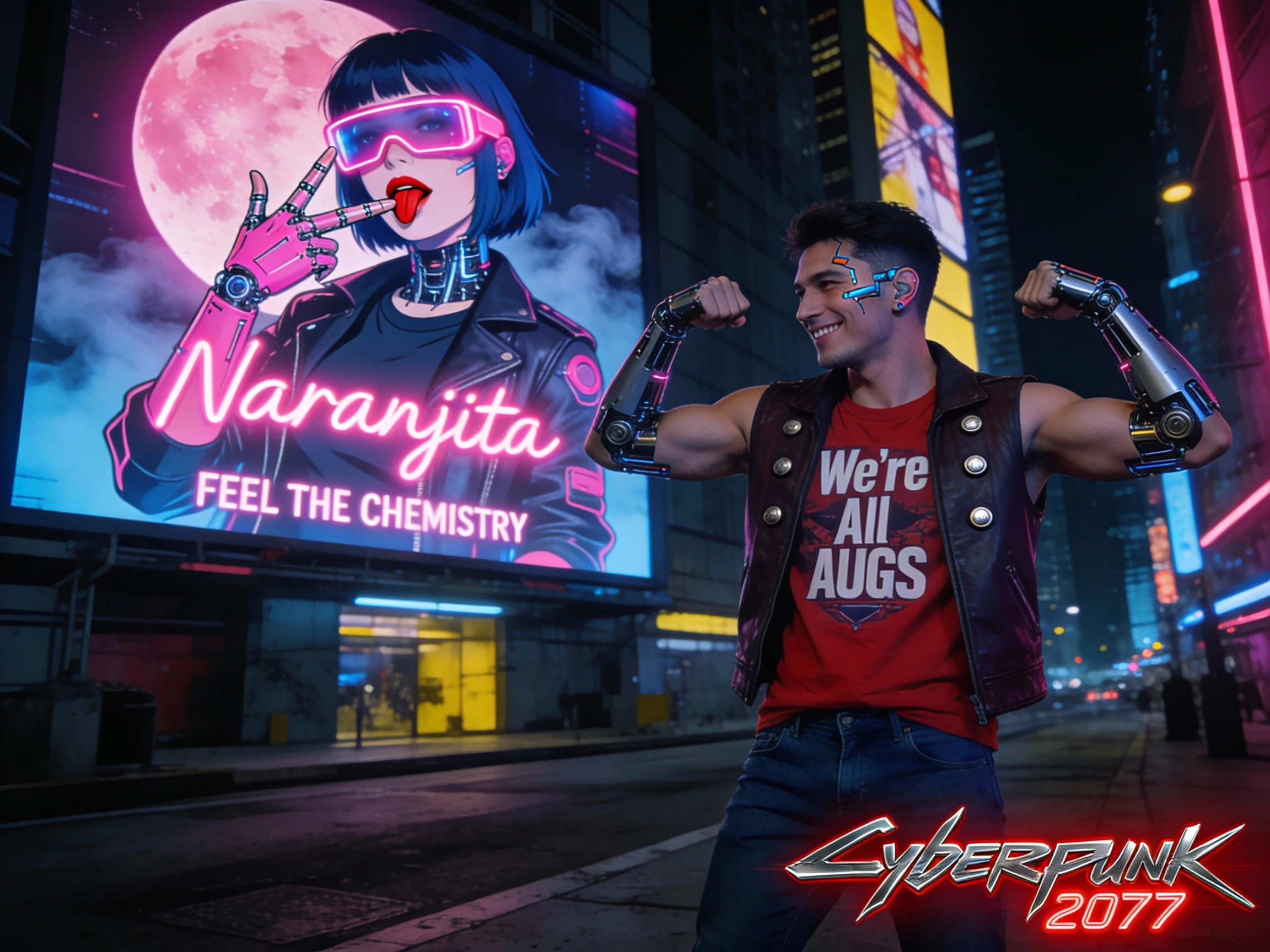 Homem cyberpunk exibindo braços cibernéticos em rua de cidade neon