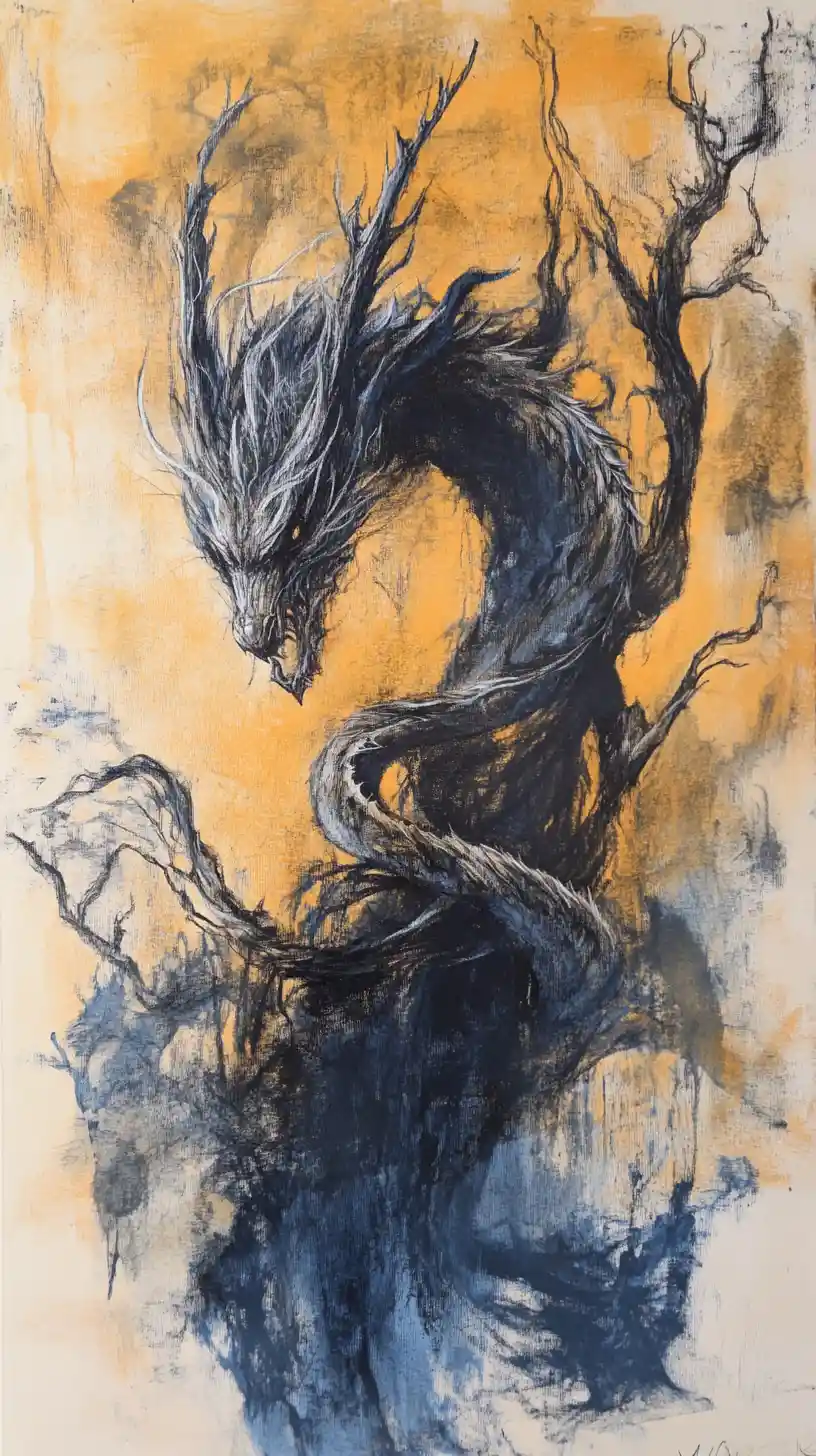 Abstract tree dragon intertwined with organic branches