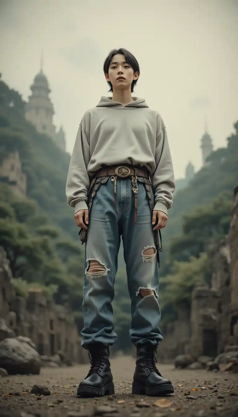 Jovem em streetwear coreano híbrido e coturnos