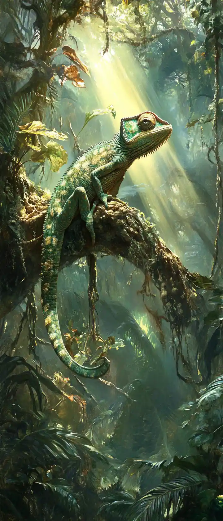 Chameleon Resting High In A Jungle Tree With Dramatic Light