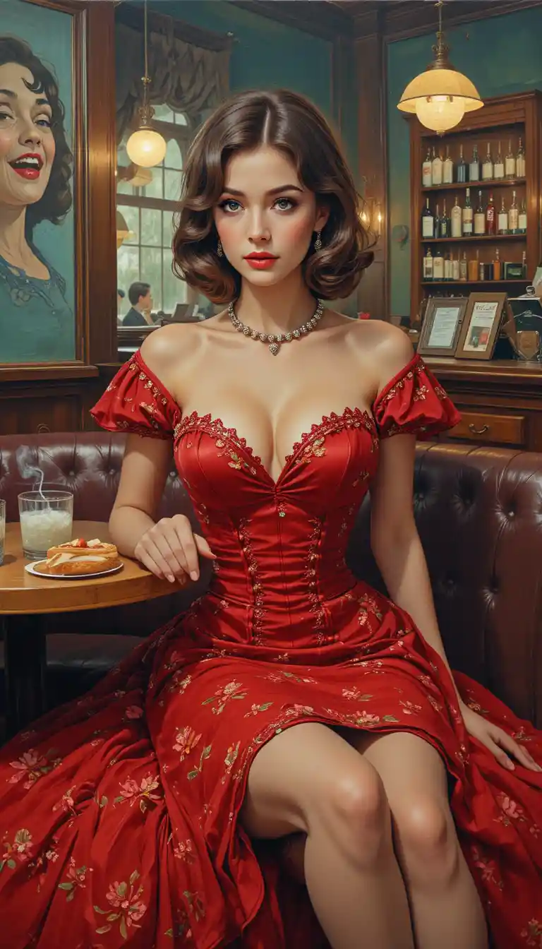 Young woman in red victorian dress in a 1960s cafe