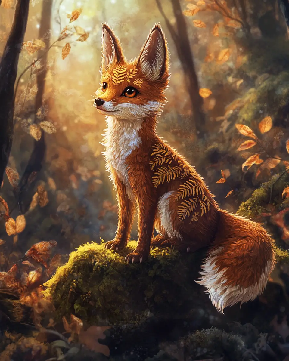 Whimsical forest fox on mossy rock in golden light