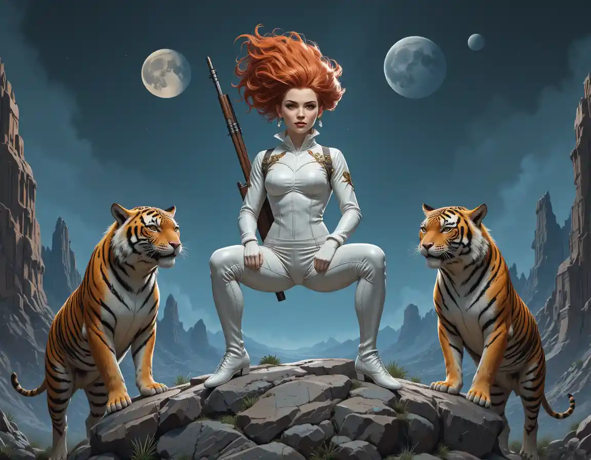 Fiery haired warrior woman with tigers on alien cliffs