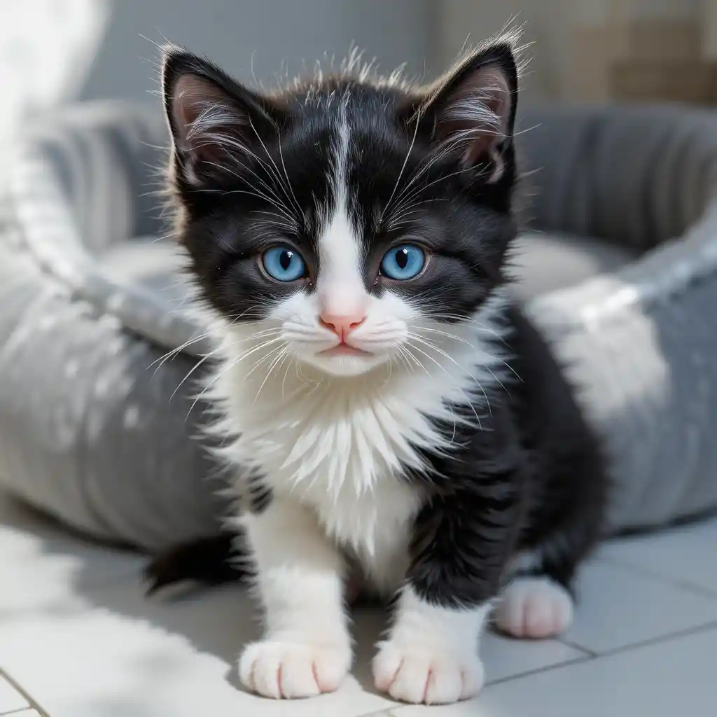 Chaton tuxedo au visage partagé et aux yeux hétérochromes
