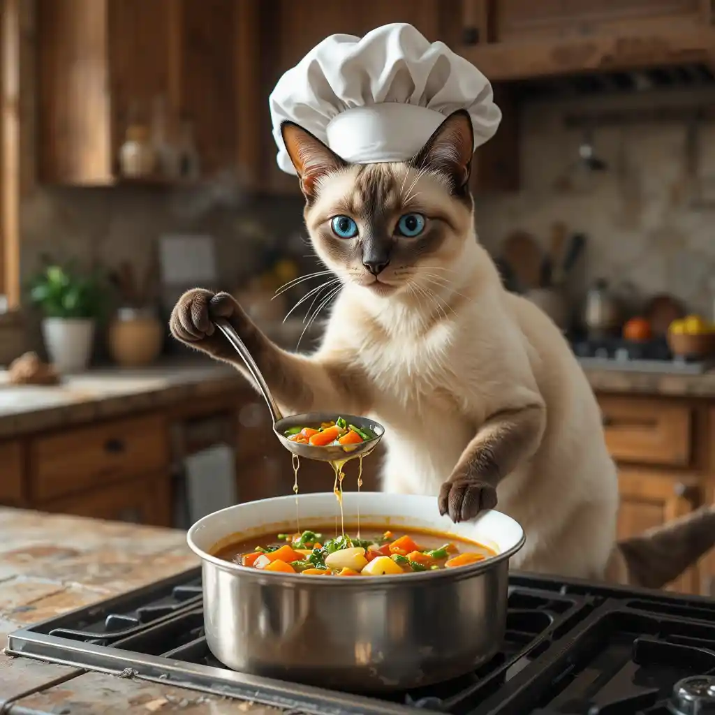 Gato siamês chef servindo sopa de legumes quente na cozinha