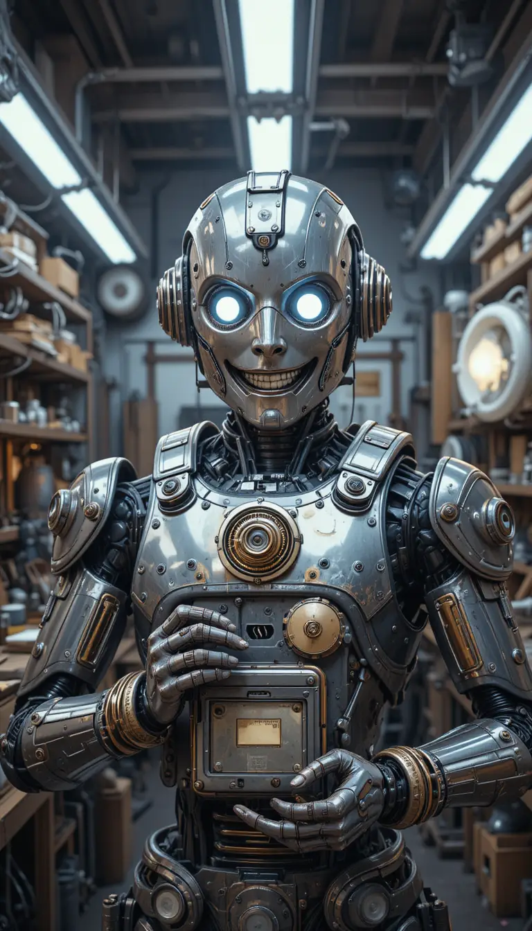 Smiling robot mechanic holding a freshly repaired chrome machine