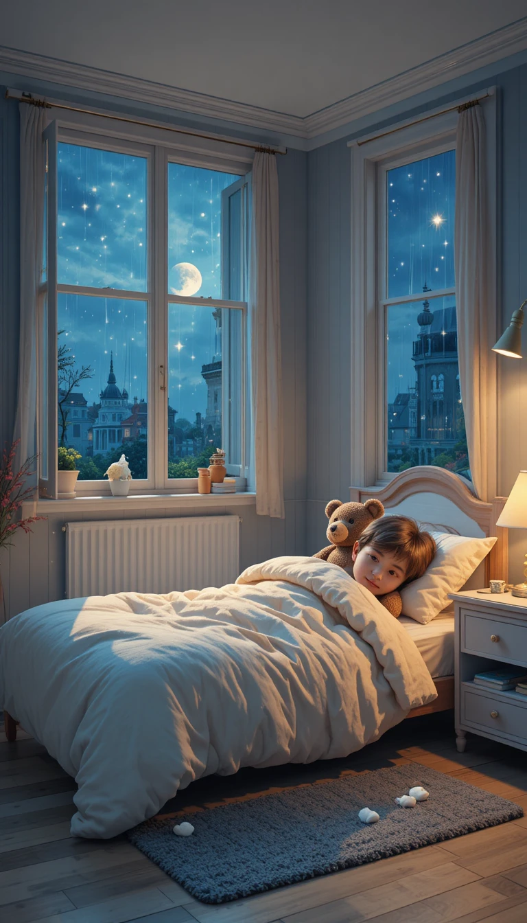 Criança dormindo em quarto iluminado pela lua com suave brilho de abajur