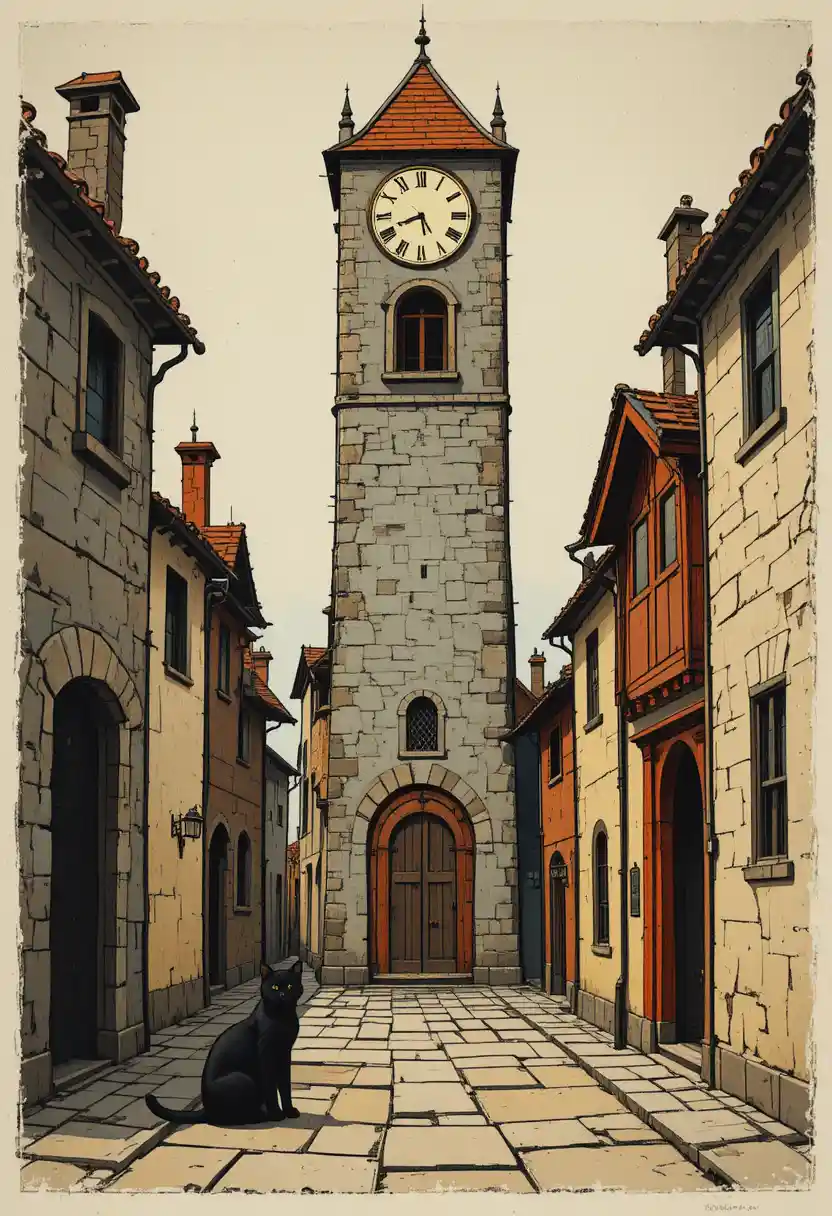 Pintura ingênua de rua medieval com torre de relógio e gato preto