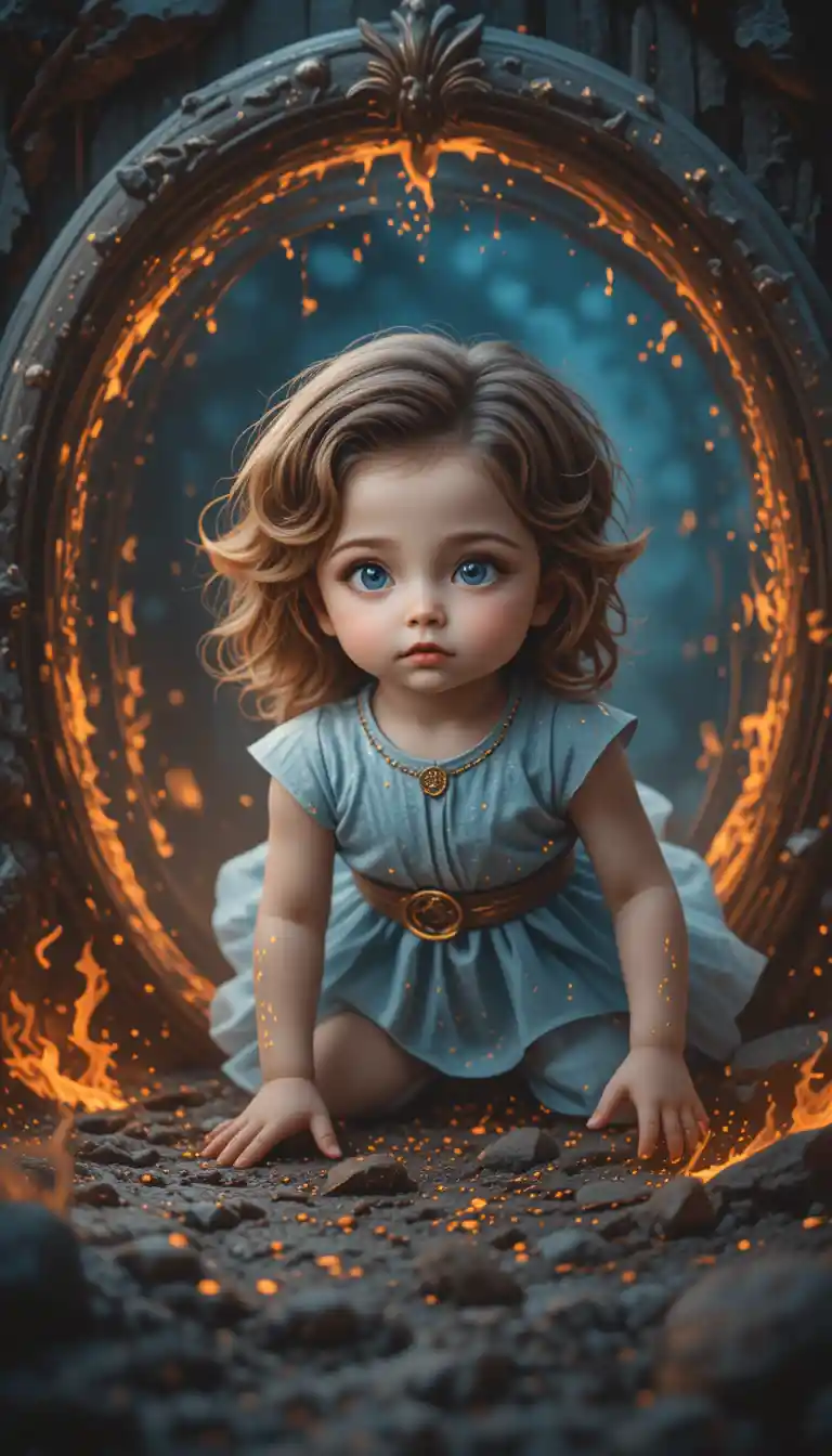 Baby elf girl crawling from a burning magical portal
