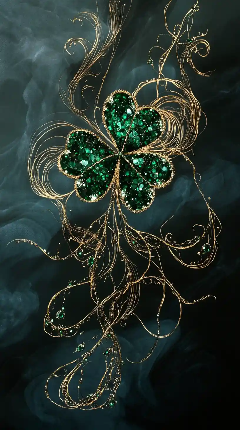Floating shamrock with emeralds in swirling dark ink