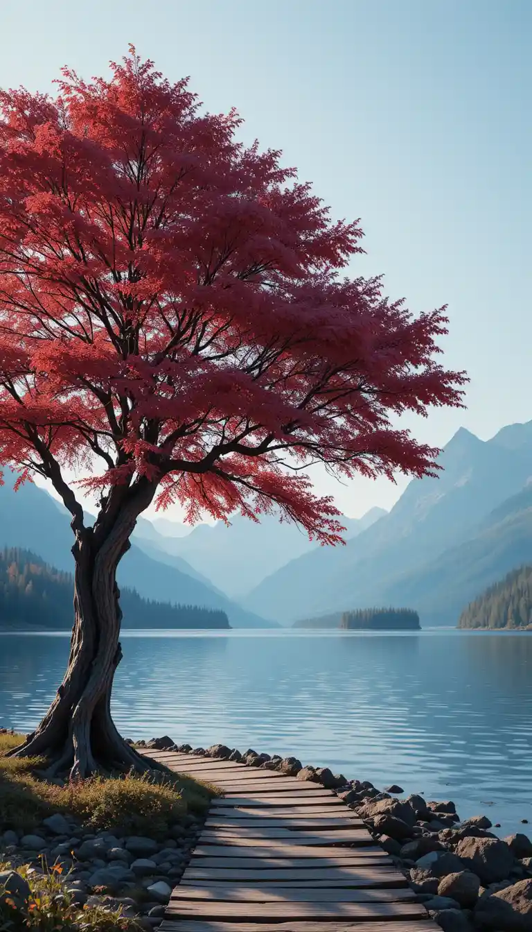 Vieux arbre surplombant un lac de montagne sous un ciel bleu clair