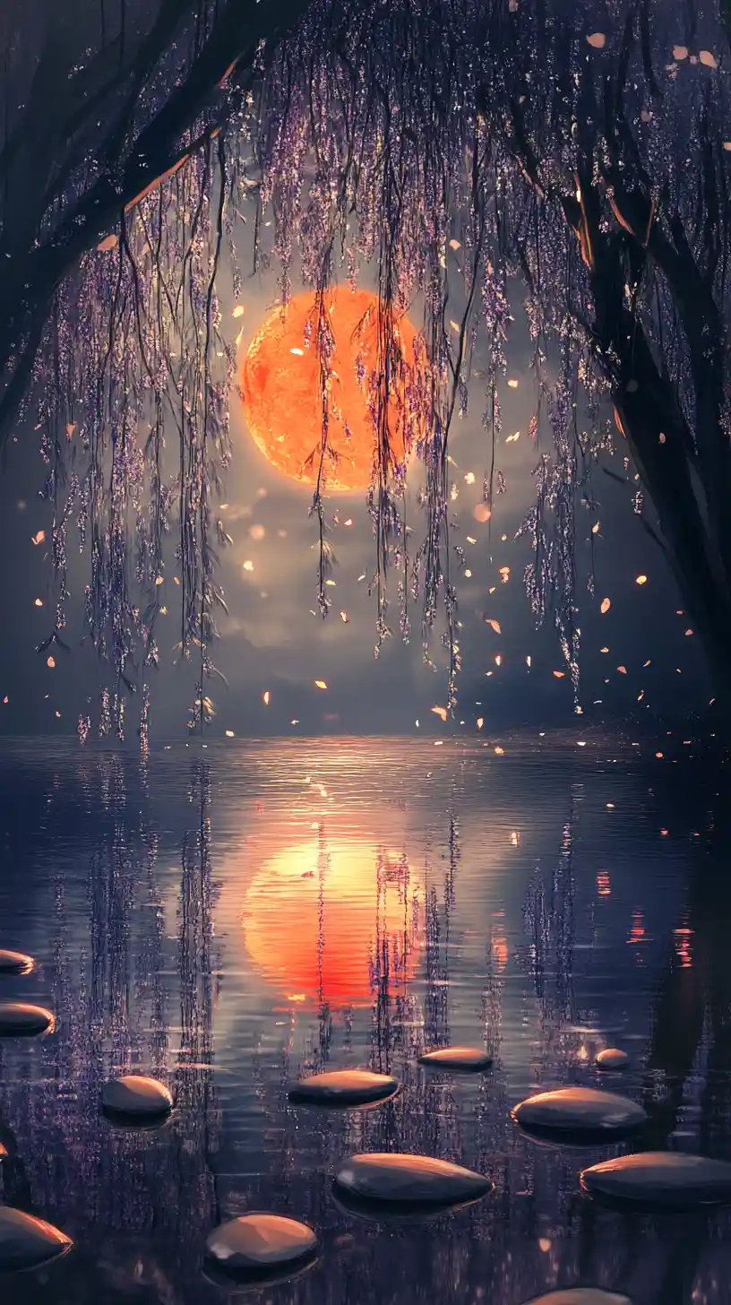 Étang calme avec saule et reflet d’une pleine lune lumineuse