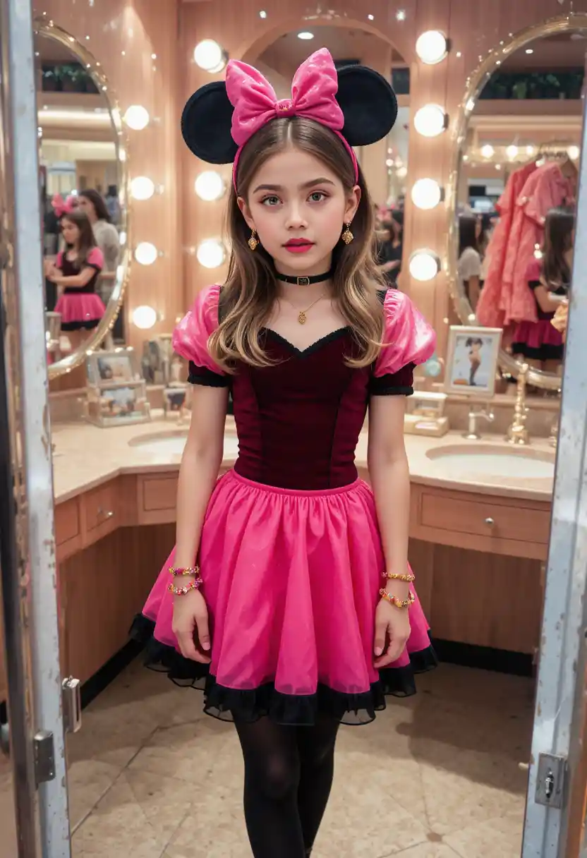 Menino pré-adolescente de vestido rosa da Minnie em penteadeira de boutique