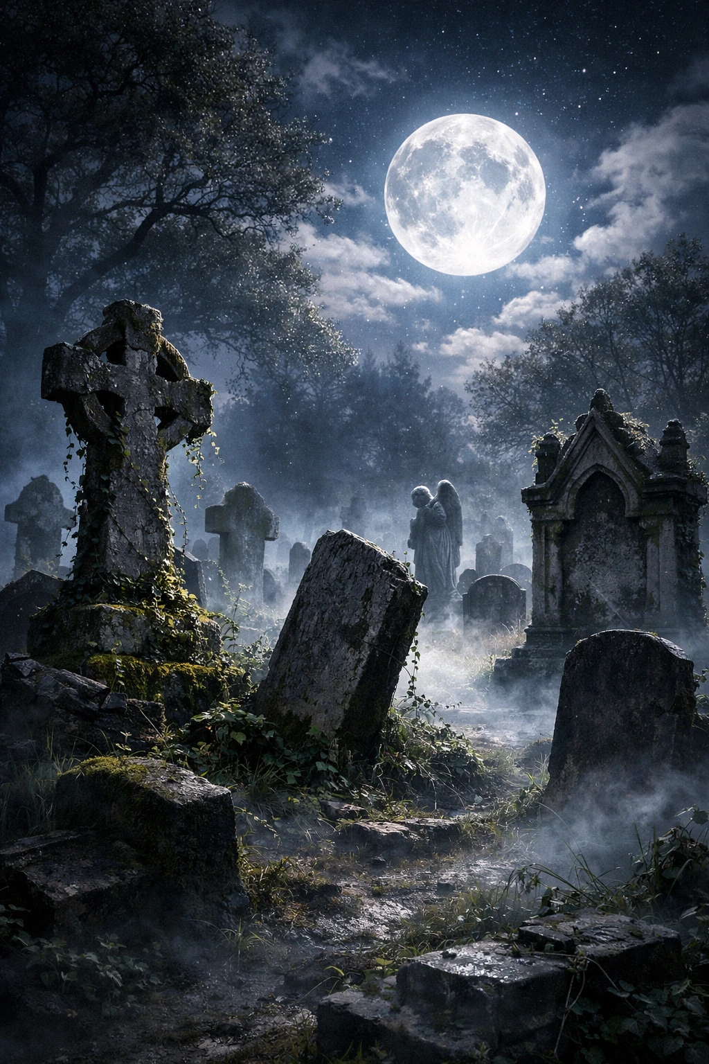 Cimitero etereo al chiaro di luna con nebbia e antiche lapidi