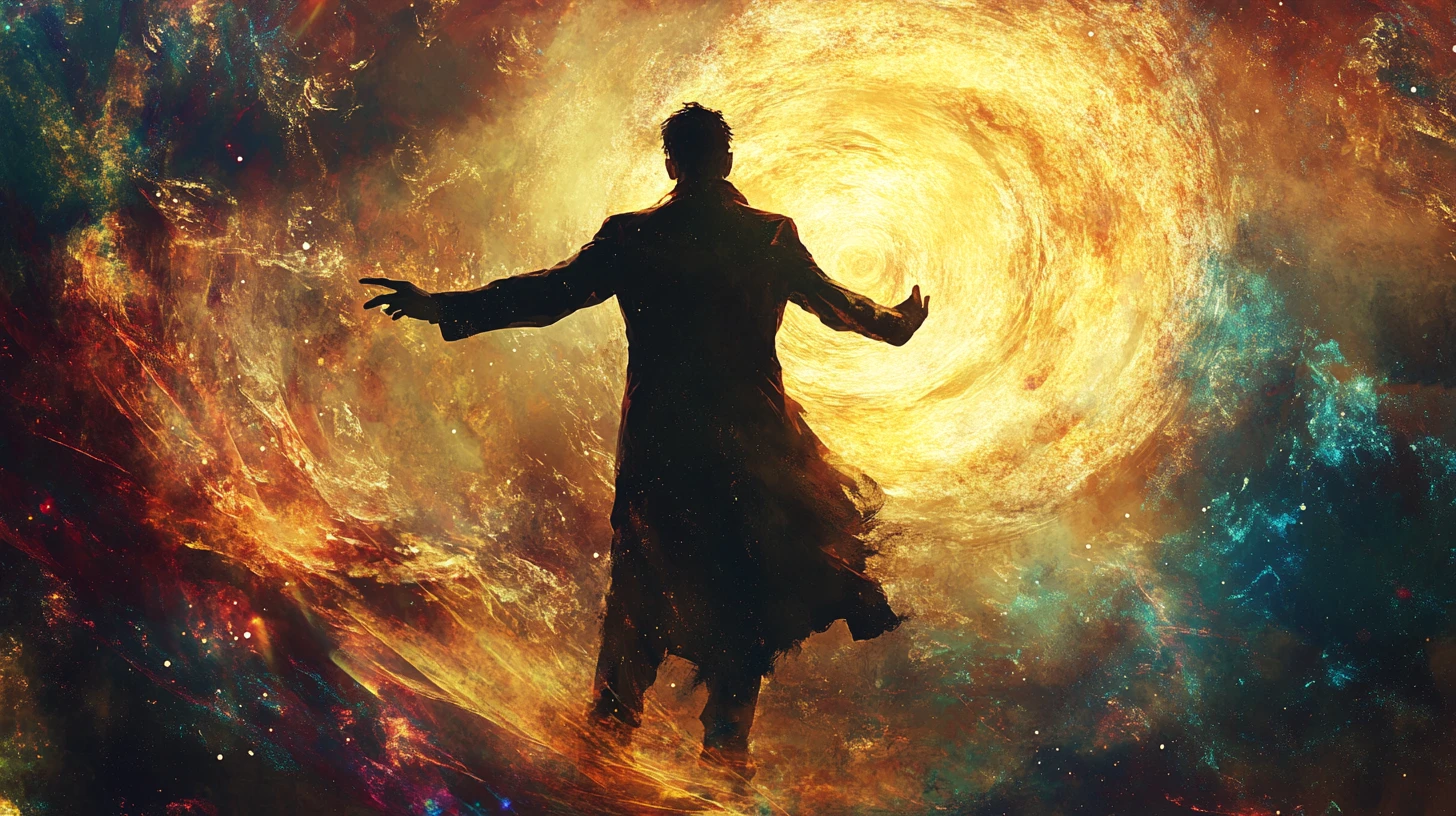 Feiticeiro das trevas em poeira cósmica em redemoinho lançando luz arcana