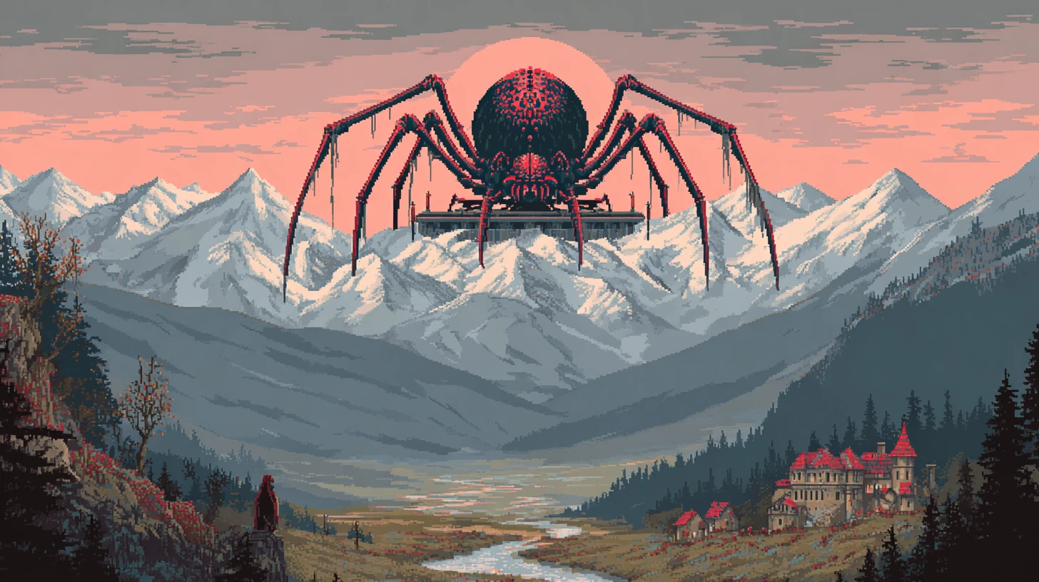 Deus-aranha colossal em um trono no topo de uma montanha plana