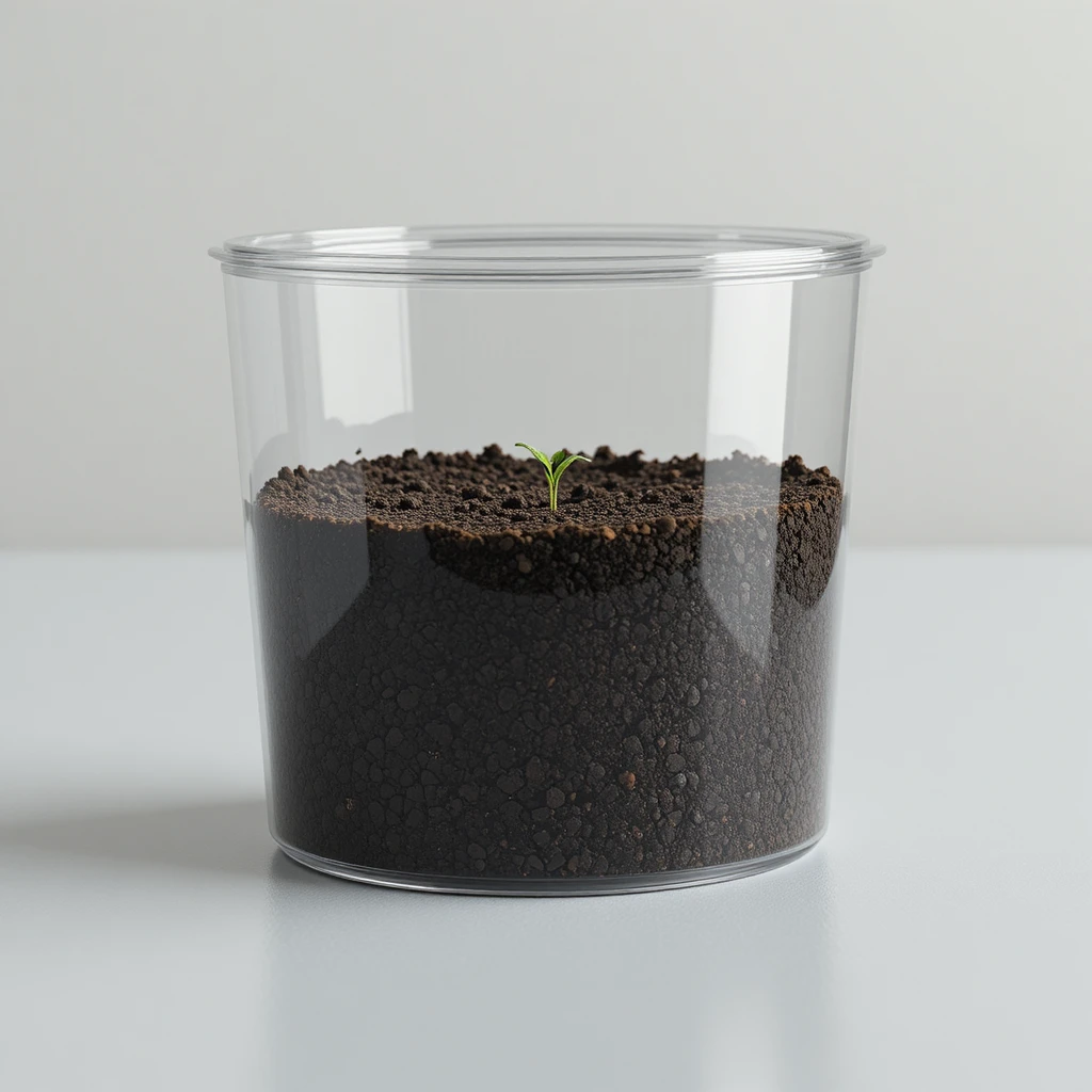 Transparent plastic pot half filled with dark fine soil