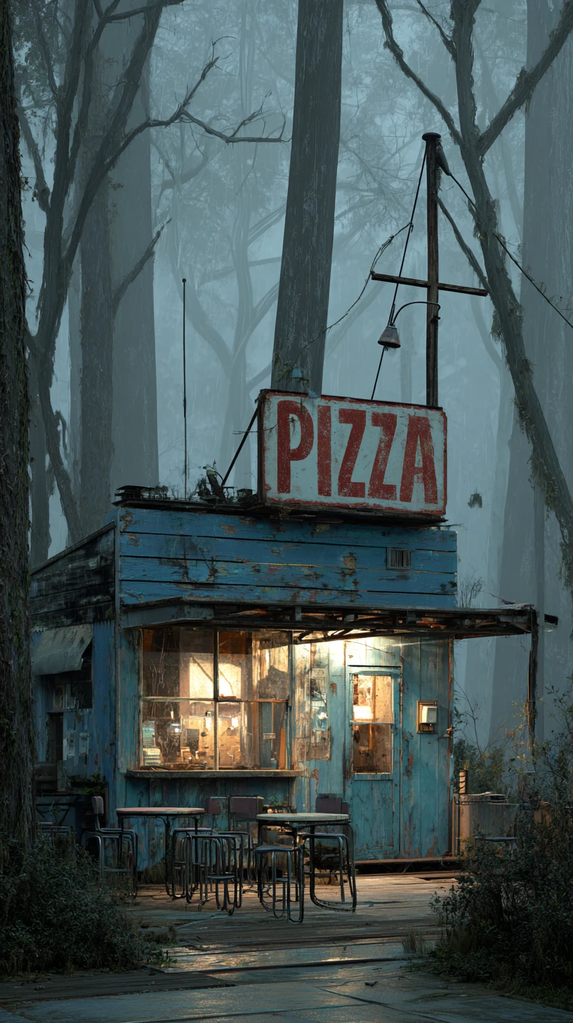 Pizzaria azul solitária brilhando suavemente em uma floresta enevoada