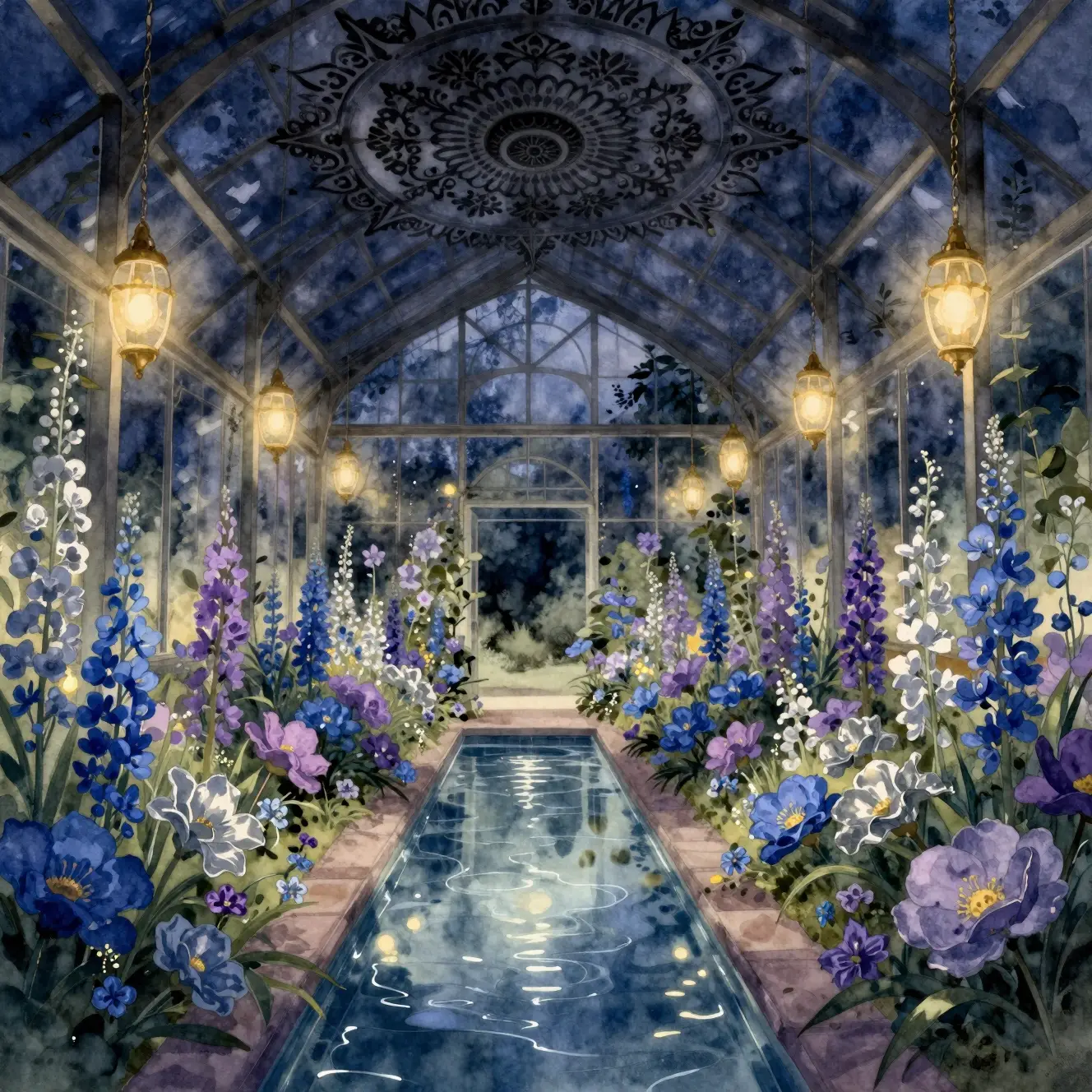 青とスミレ色の光る花が咲く魔法の温室