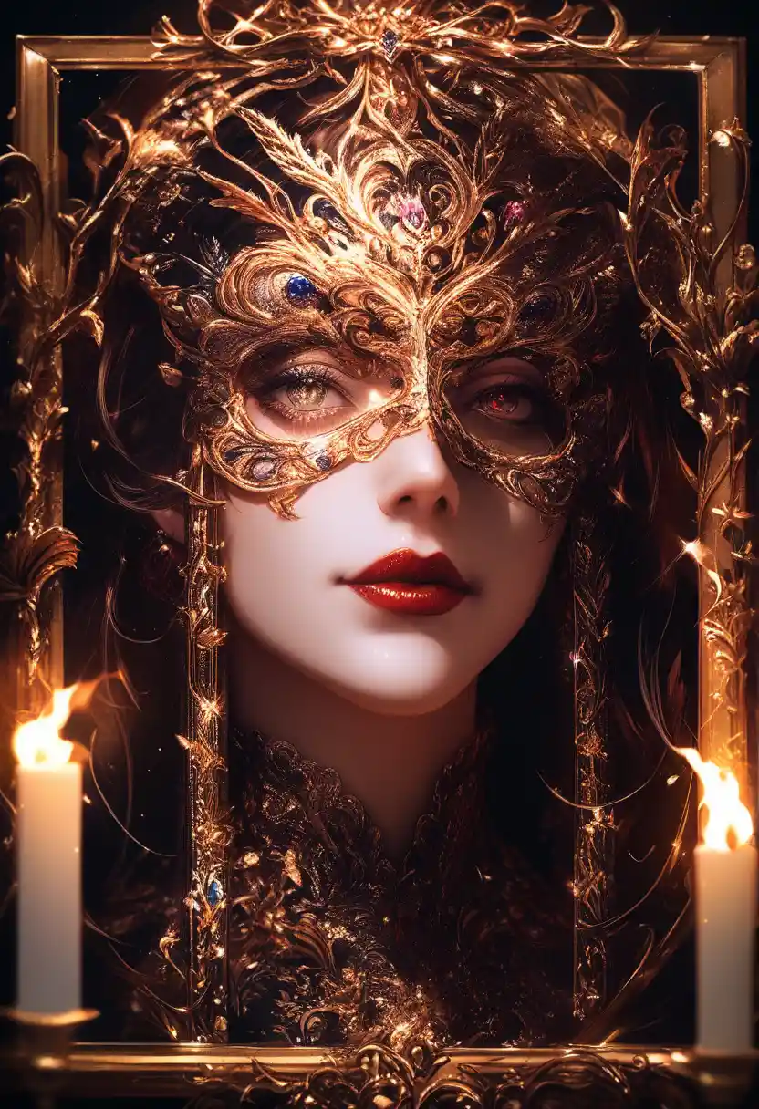Gothic masked woman in a candlelit victorian ballroom