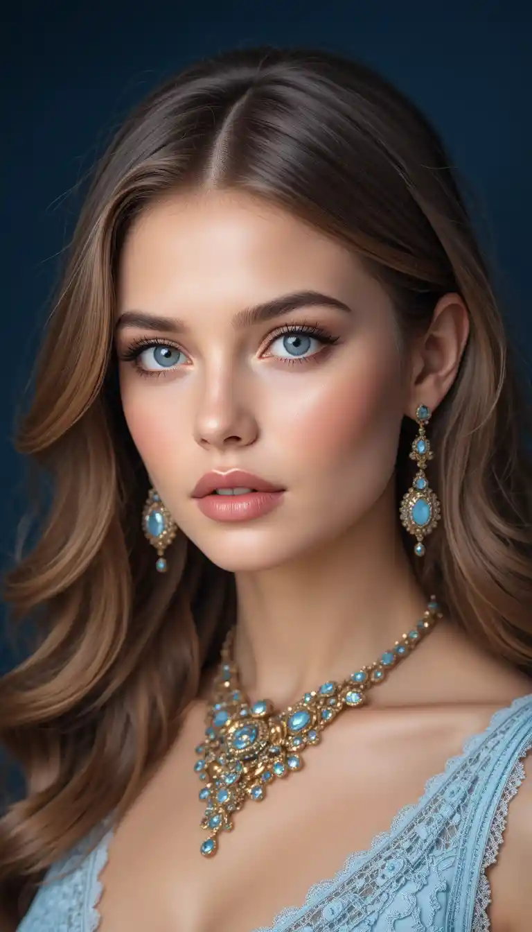 Elegant woman with blue eyes in jeweled necklace portrait