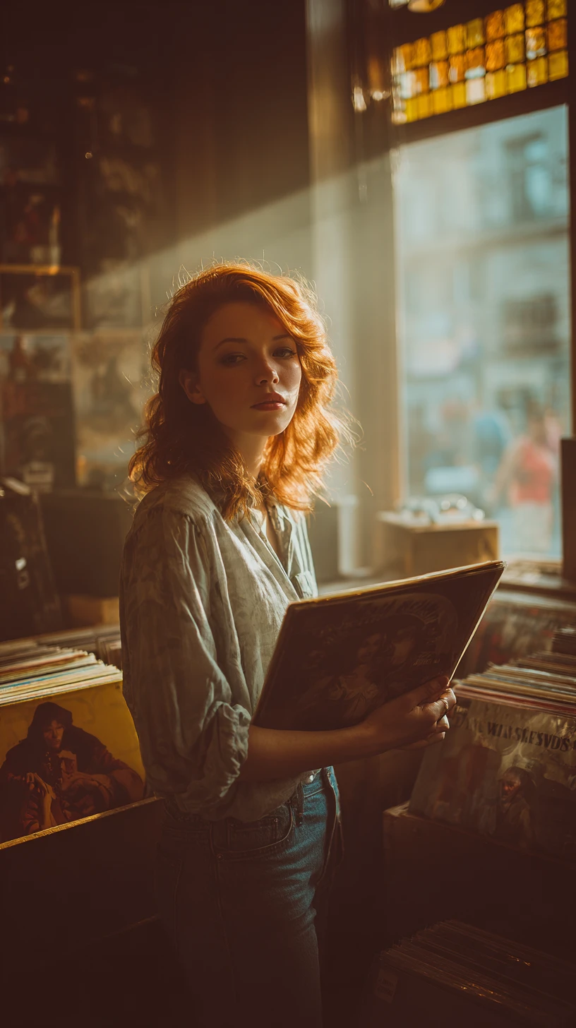 Young woman with vinyl in a sunlit vintage record shop