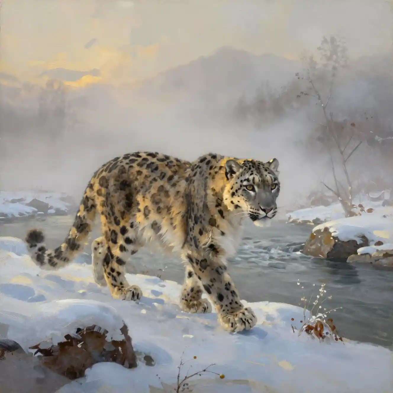 Leopardo delle nevi che cammina lungo una riva fluviale invernale nebbiosa