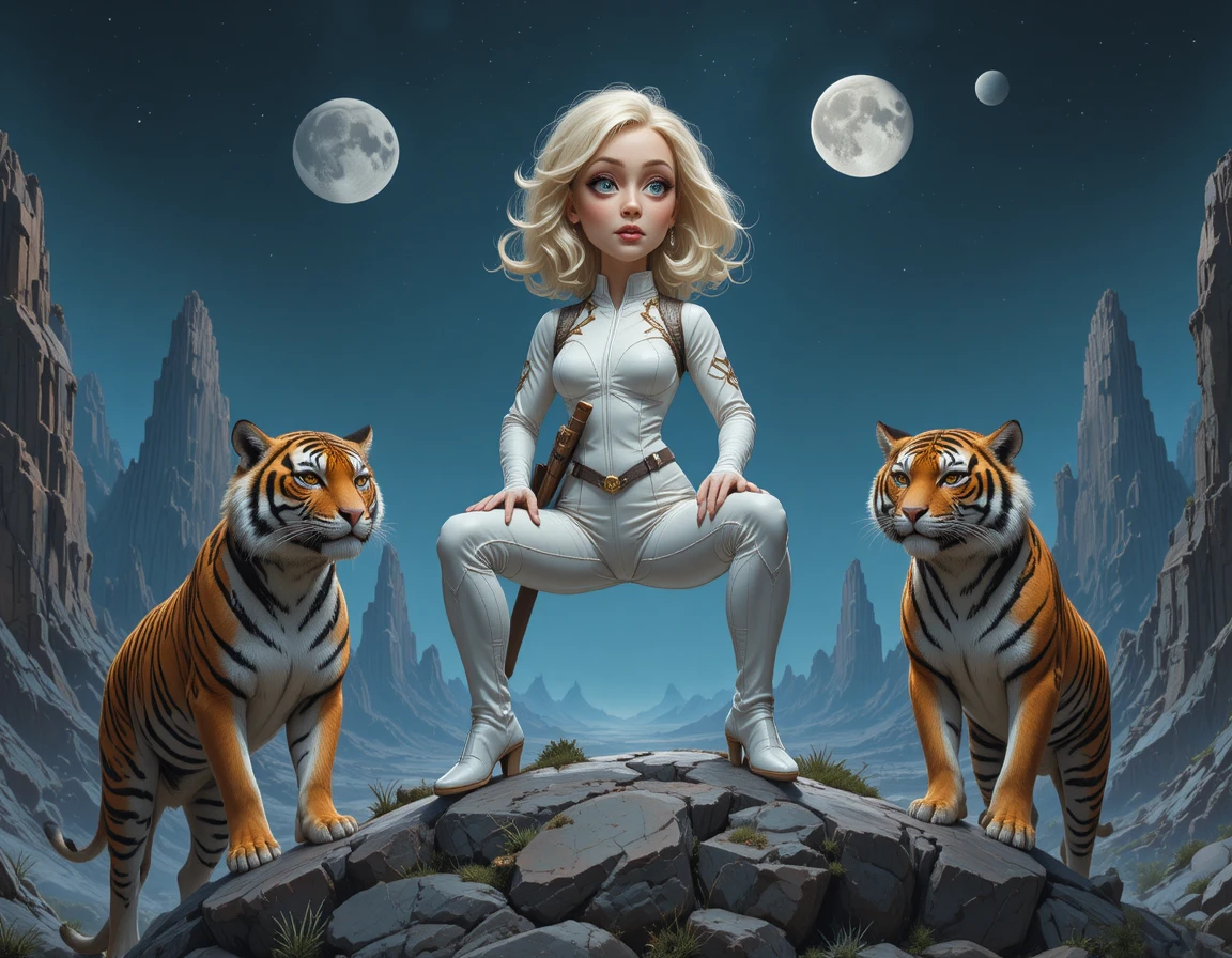 Rothaarige Fantasy-Kriegerin mit Tigern auf fremdartigen Felsen