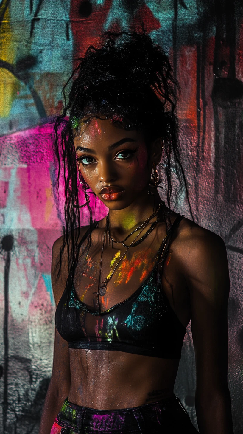 Princesa pop urbana ousada em um cenário de fantasia de grafite