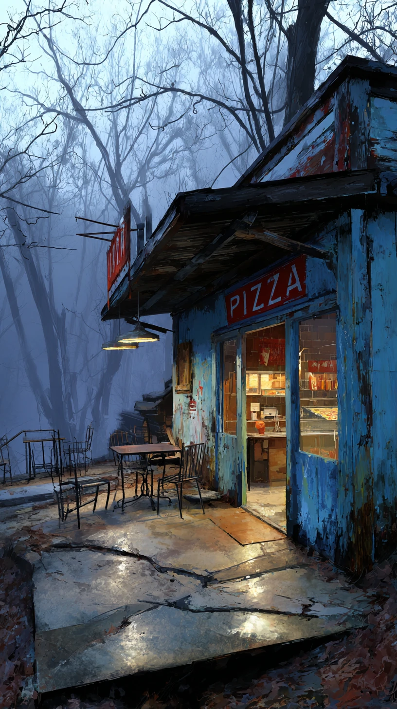 어두운 황혼의 숲 속에 빛나는 외로운 파란 피자가게