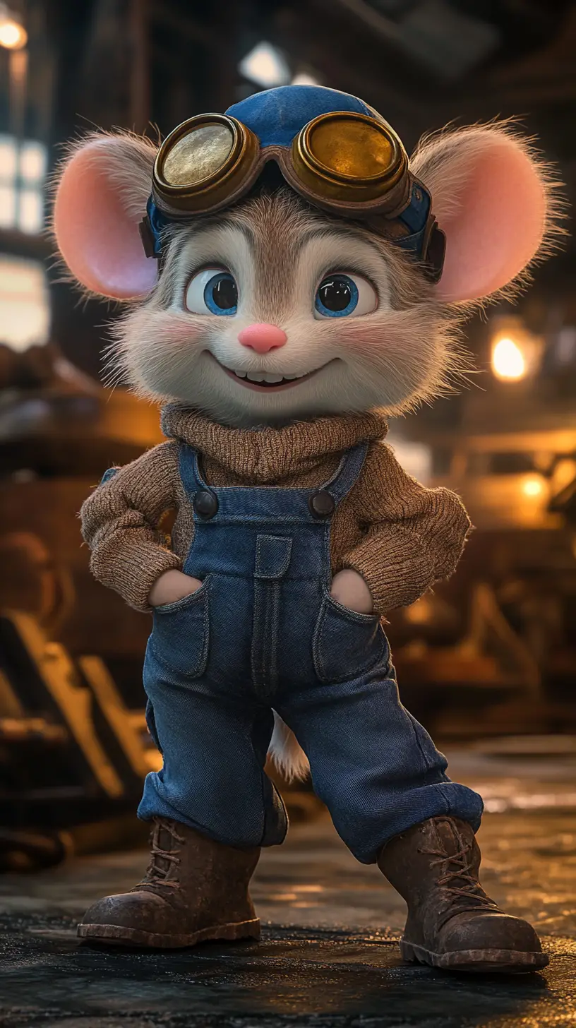 Anthropomorphe Maus mit Fliegerkappe in einer gemütlichen Werkstatt
