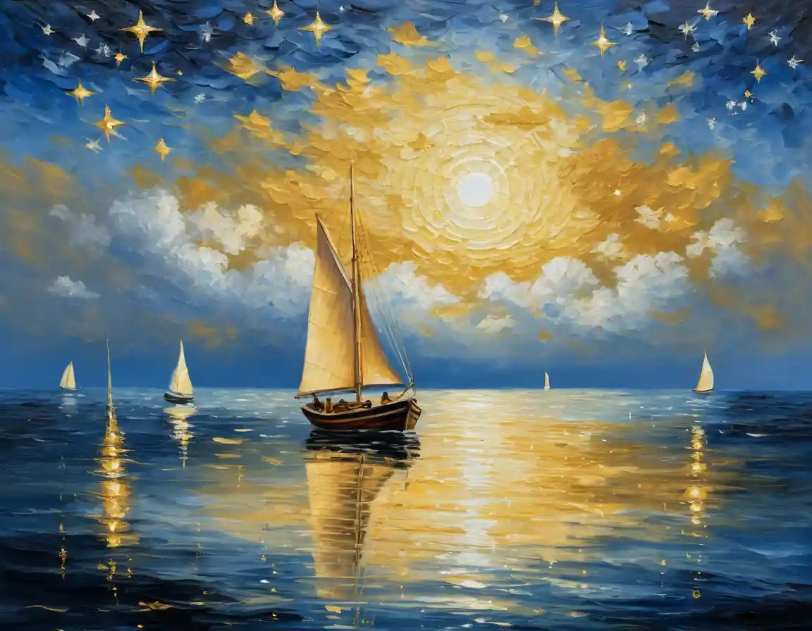 Pequeno barco navegando sob um céu noturno repleto de estrelas