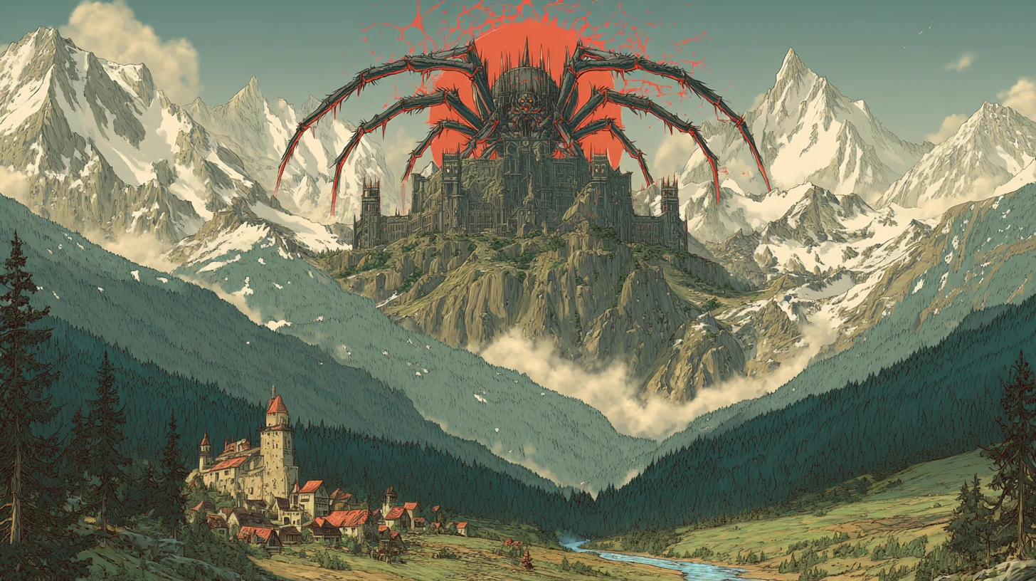 Deus-aranha colossal em um trono acima de vila alpina