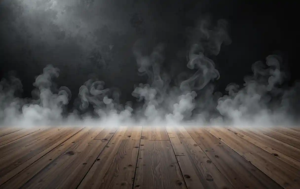 Primo piano cinematografico di un pavimento in legno con fumo bianco fluttuante