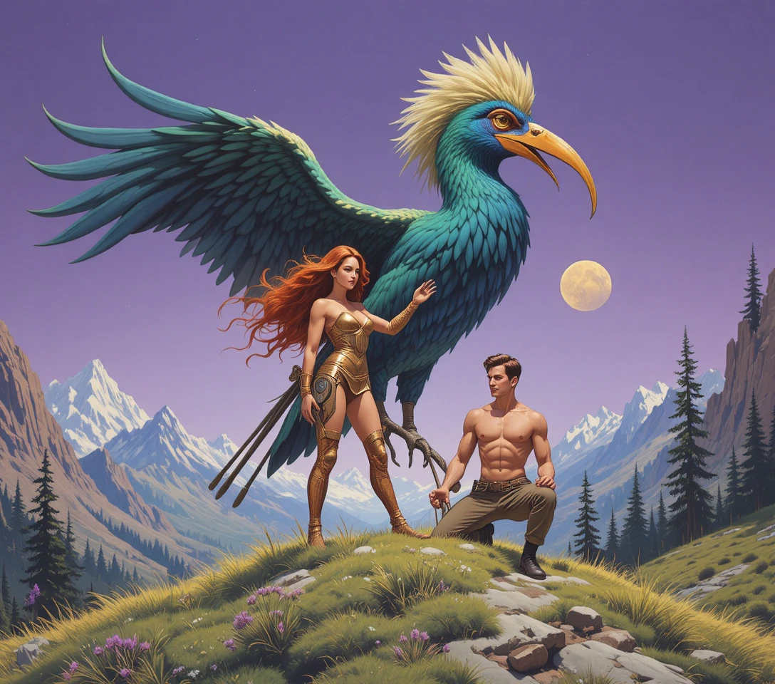 Retro sci fi adventurers on giant exotic bird