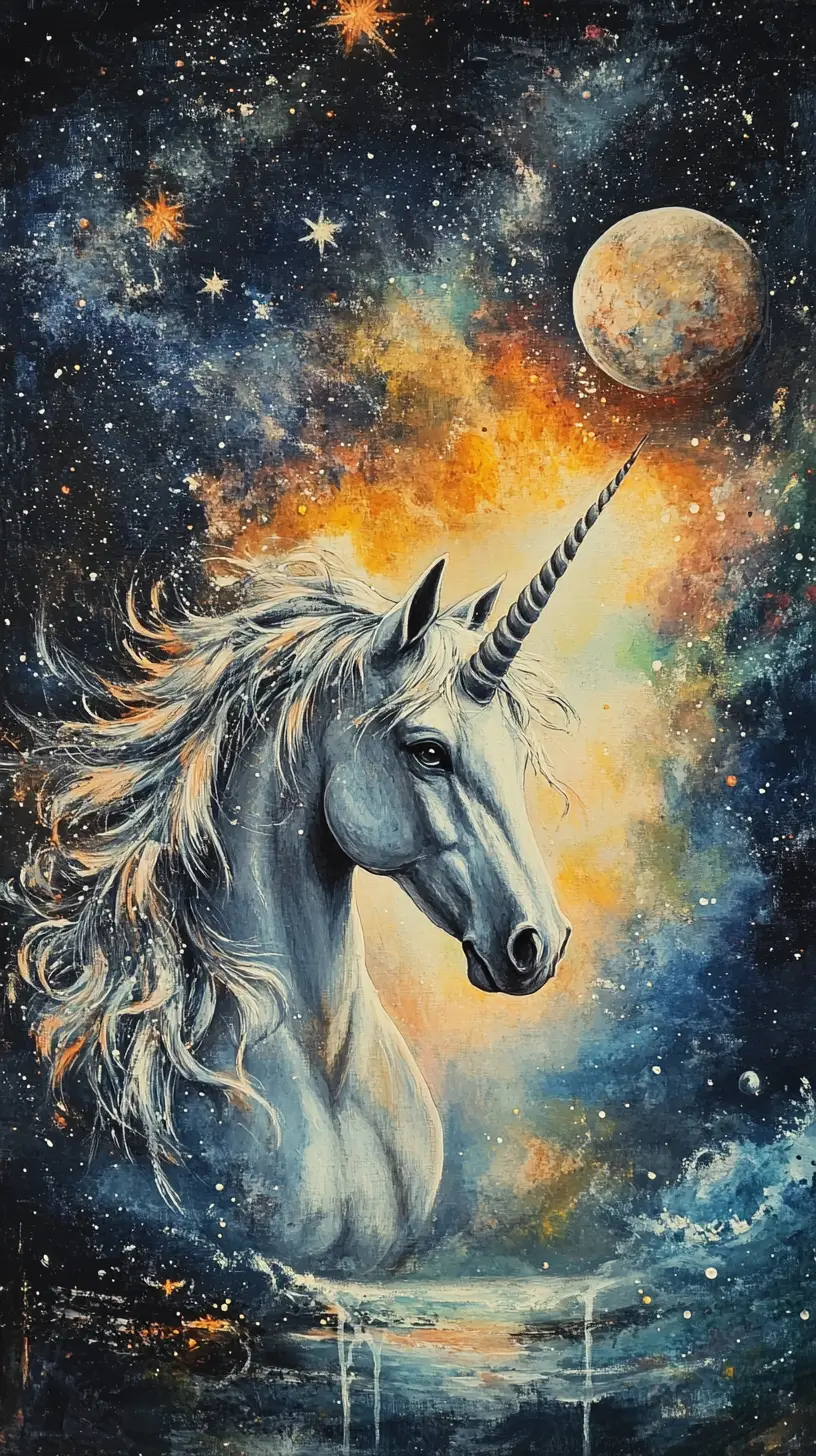 Ritratto di un maestoso unicorno in un cielo cosmico magico