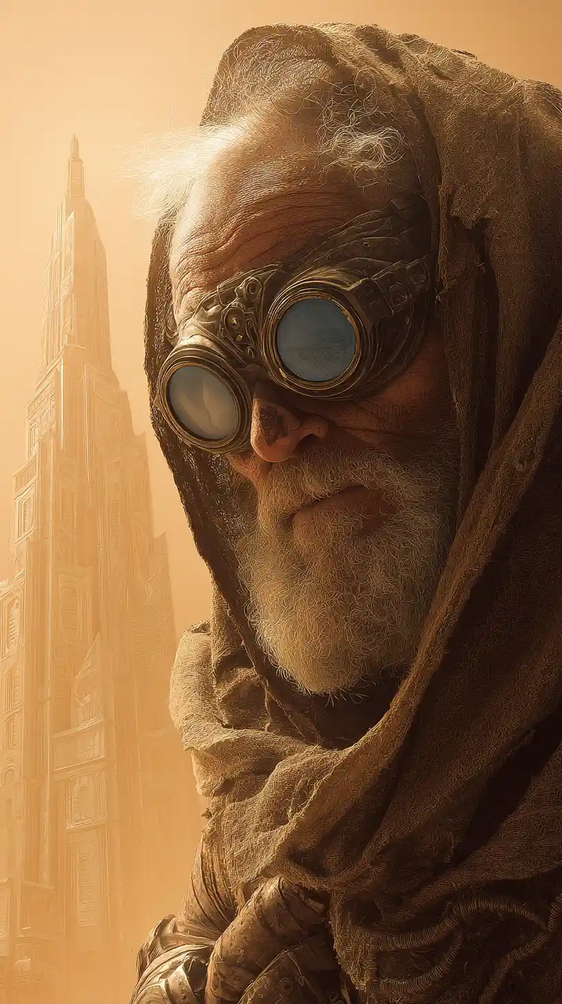 Vecchio in un deserto davanti a una città futuristica in stile anni ’30