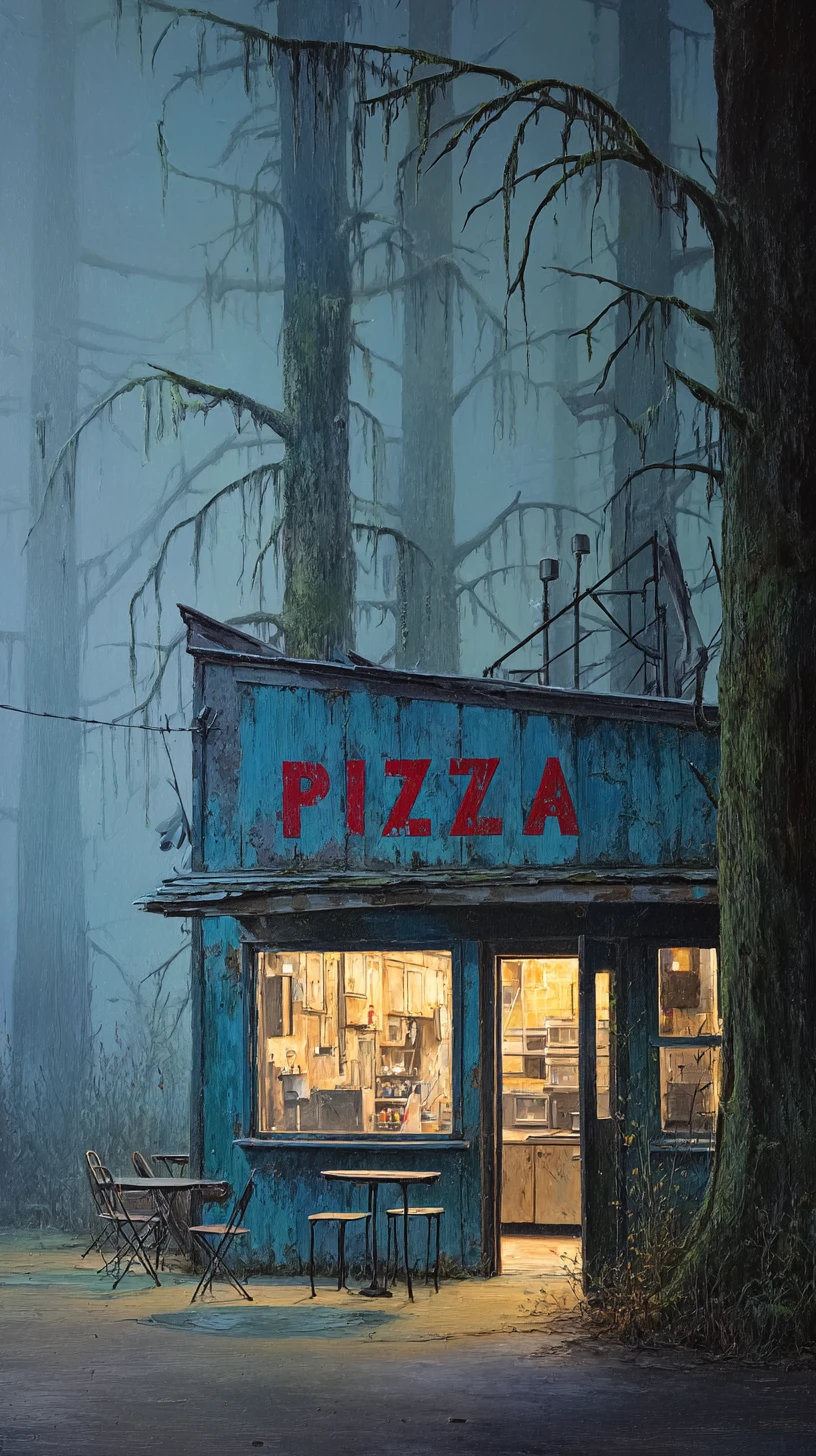 Pizzeria bleue solitaire luisant discrètement dans une forêt brumeuse