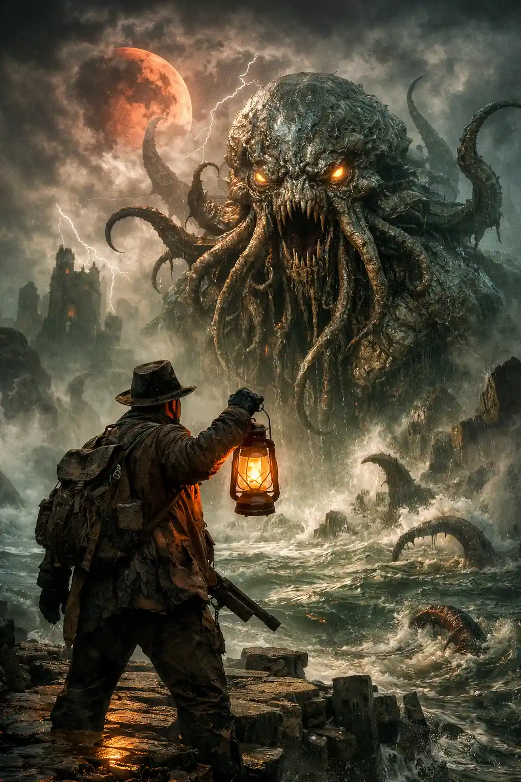 Photorealistic eldritch monster in a dramatic horror scene