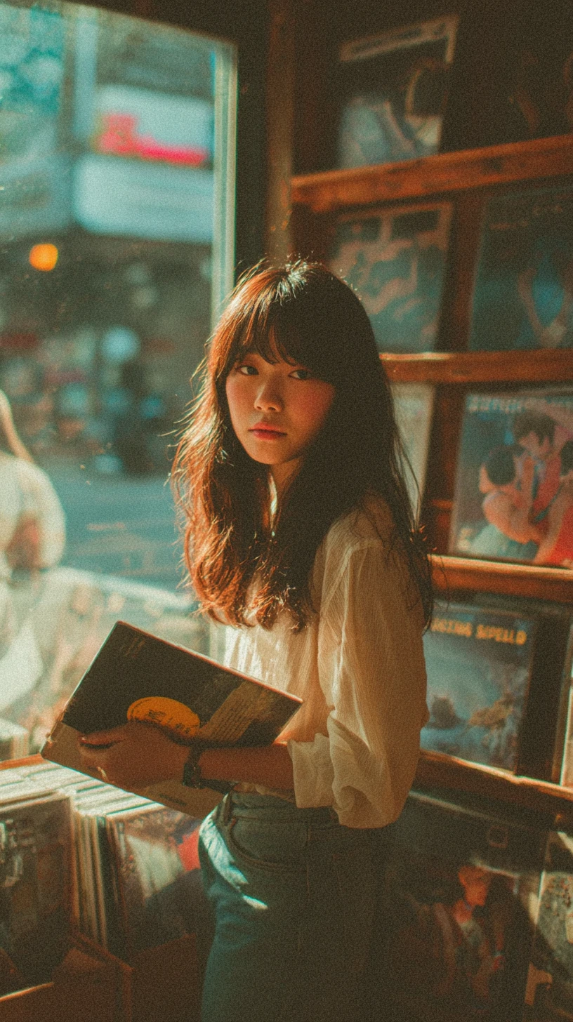 Young woman with vinyl in sunlit vintage record store